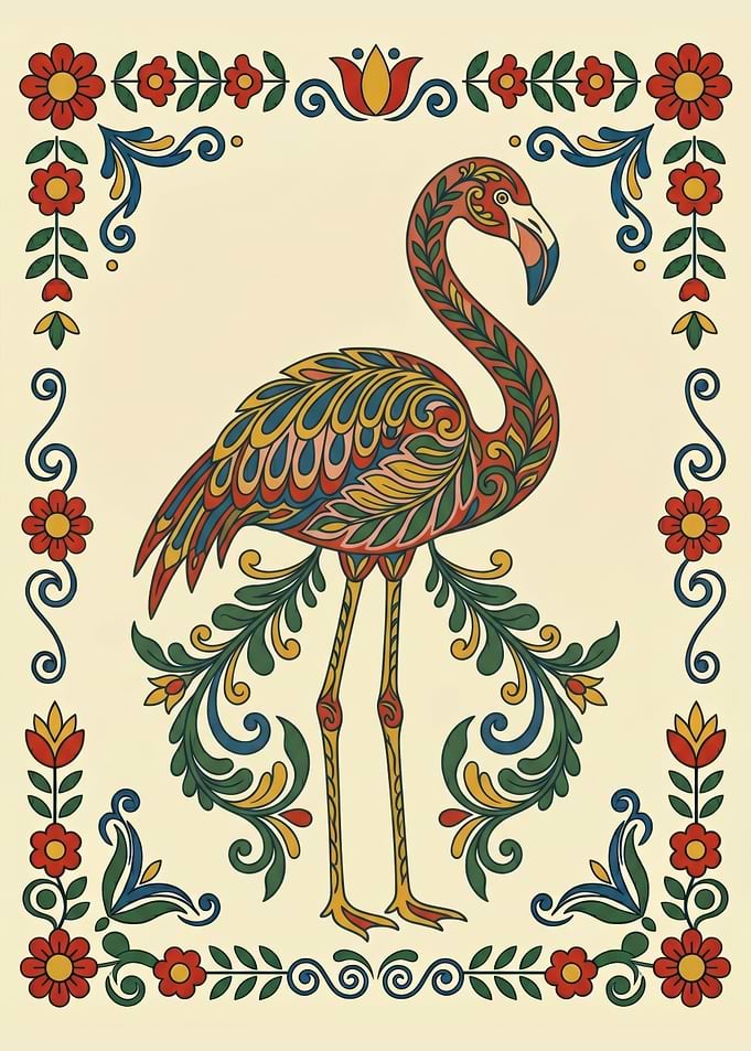 Traditional Nordic Kurbits Folk Art Flamingo Illustration
