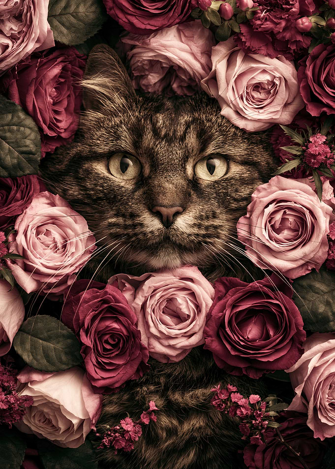 Tabby Cat Surrounded by Roses