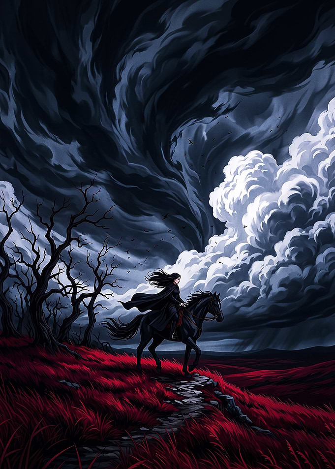 Dark Fantasy Rider in Crimson Field