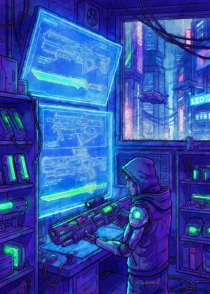 Cyberpunk Weapon Technician in Workshop