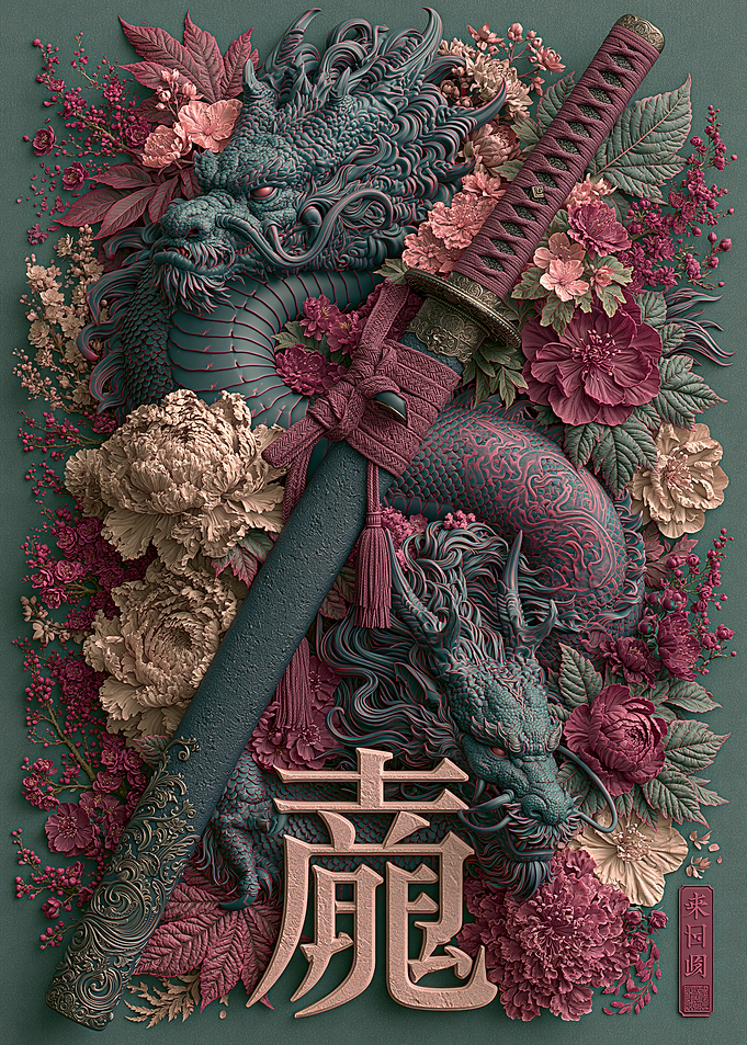 Dragon and Katana Floral Art