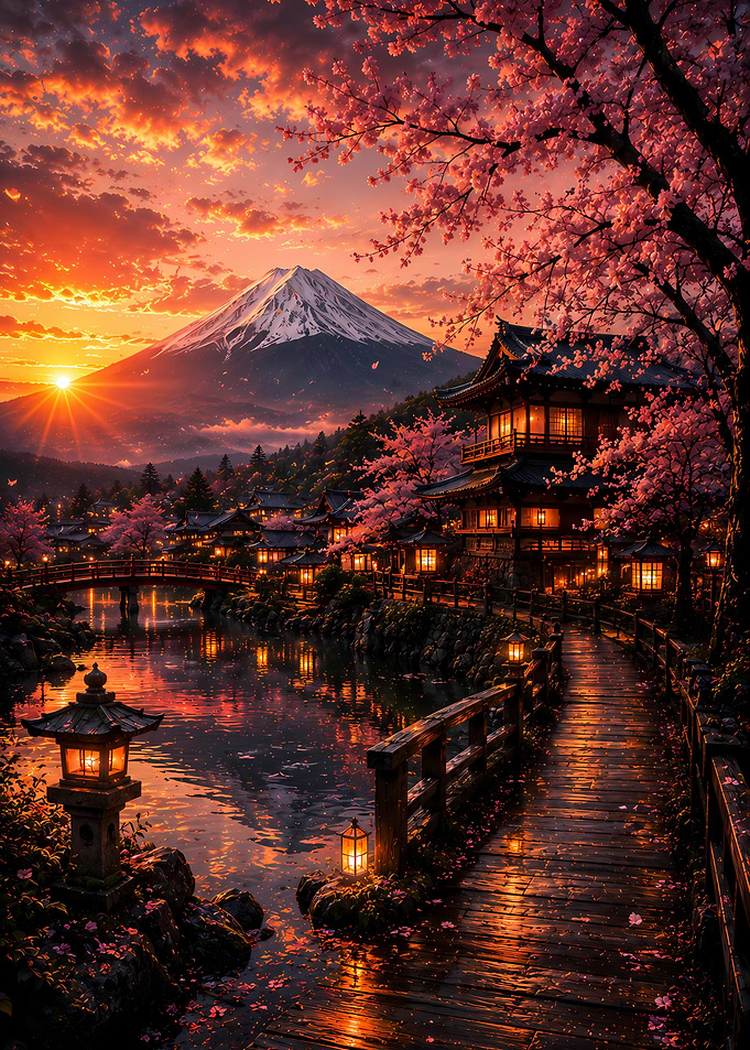 Mount Fuji Sunset with Cherry Blossoms
