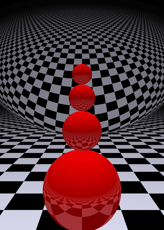 Abstract Red Spheres on Checkerboard
