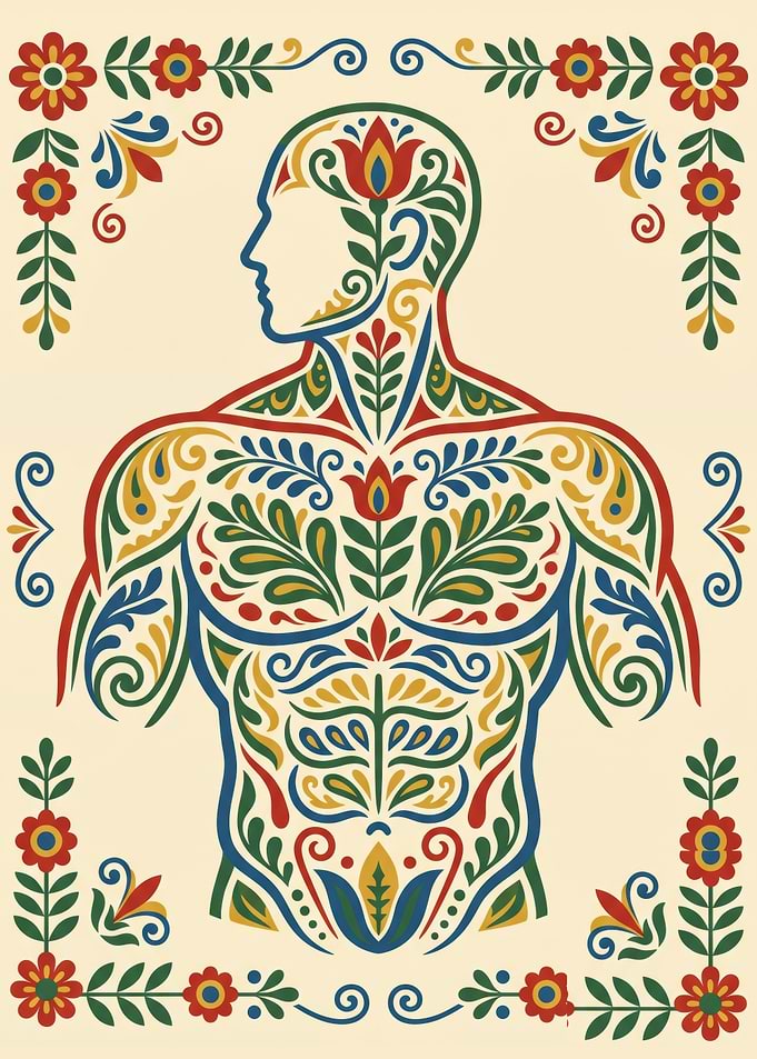 Traditional Kurbits Art Torso Man Silhouette Portrait