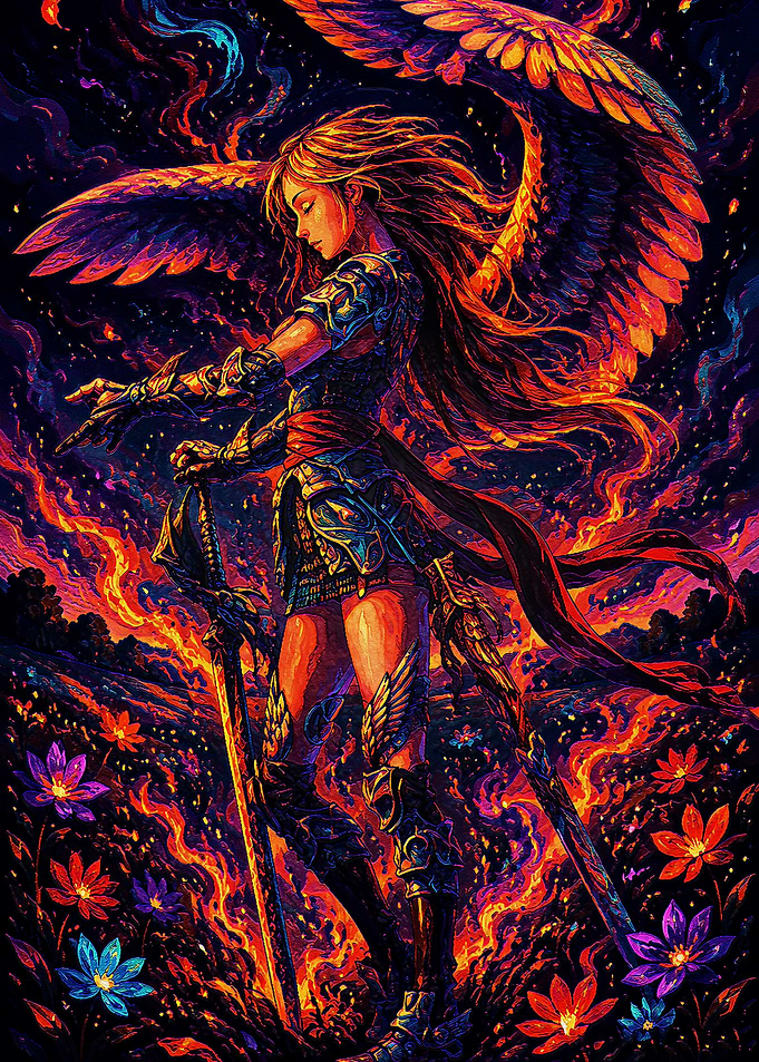 Winged Warrior in Fiery Field