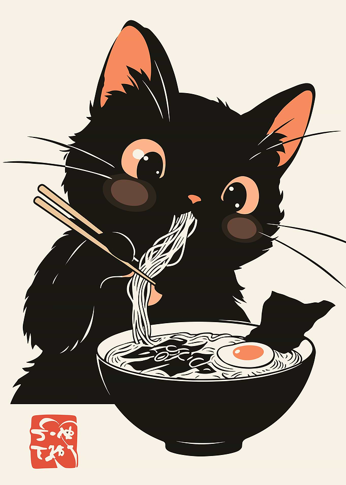 Cute Black Cat Eating Ramen