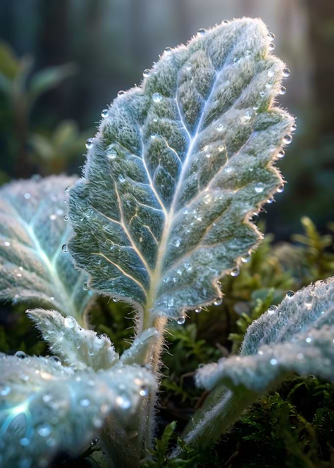 Dew-Covered Fuzzy Green Leaves