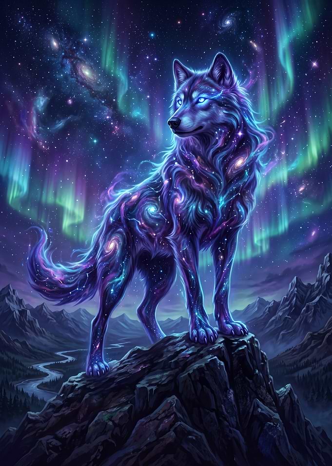 Cosmic Galaxy Wolf Under Aurora