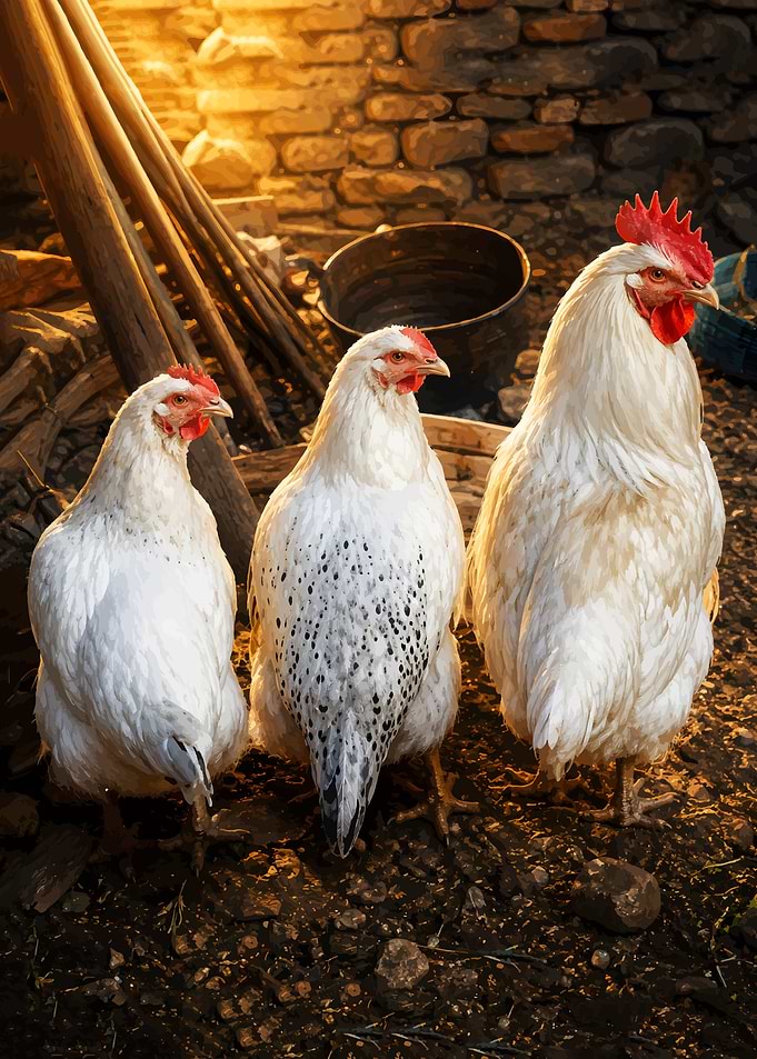 Three White Chickens in Farmyard
