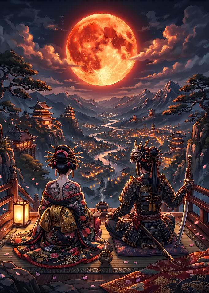 Samurai and Geisha Under Blood Moon