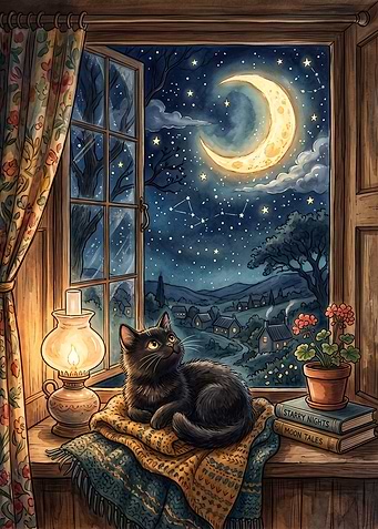 Black Cat Watching the Night Sky