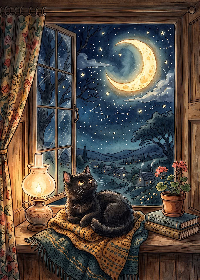 Black Cat Watching the Night Sky
