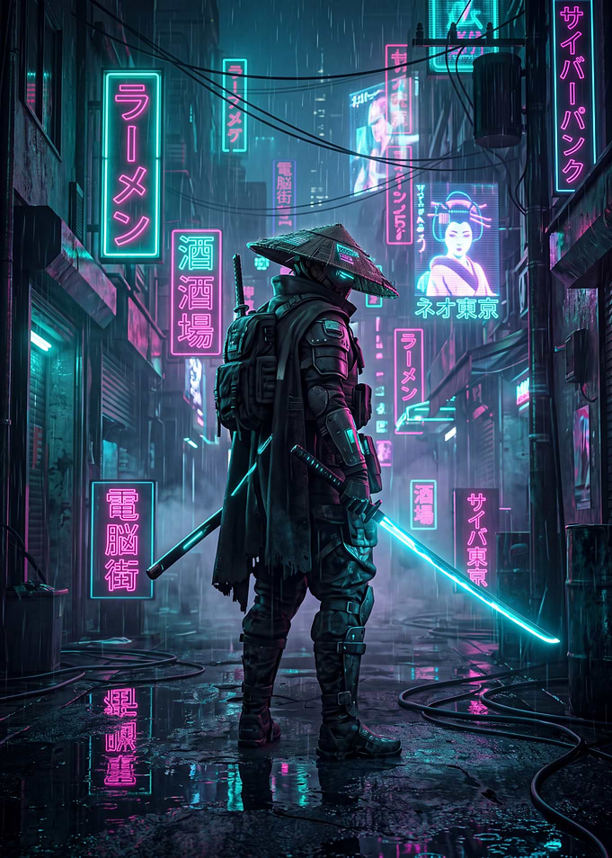 Cyberpunk Samurai in Neon Alley