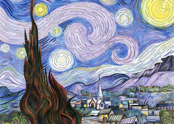 Vincent Van Gogh's Starry Night Inspired Colored Pencil Drawing