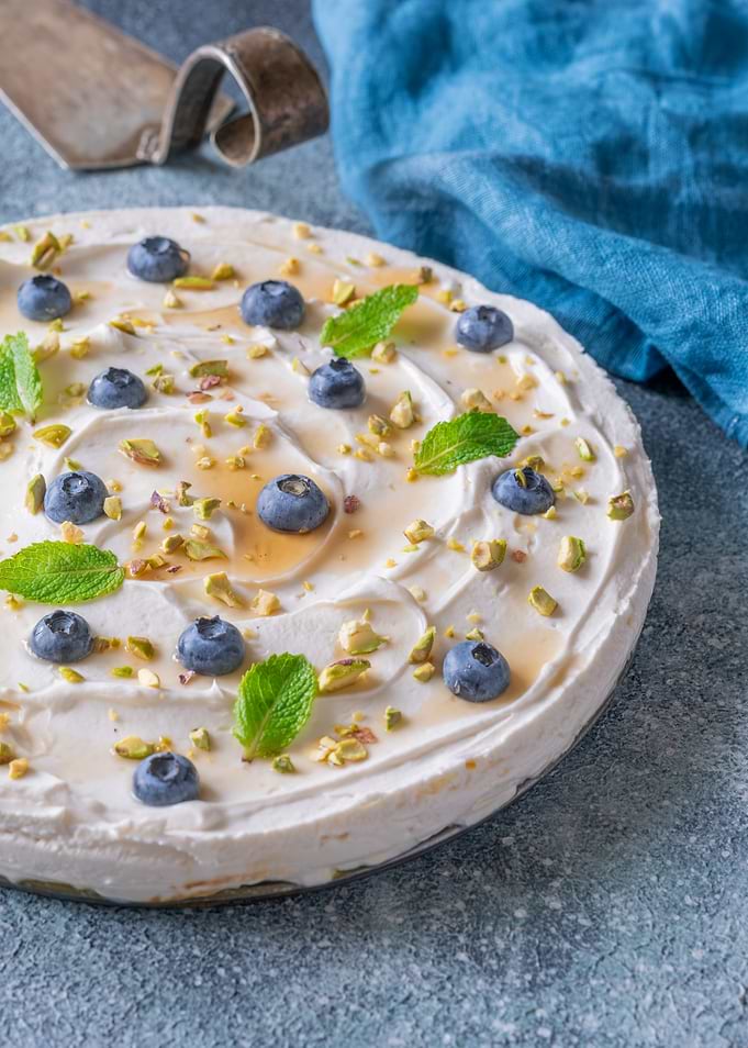 Blueberry Pistachio Cream Cheesecake