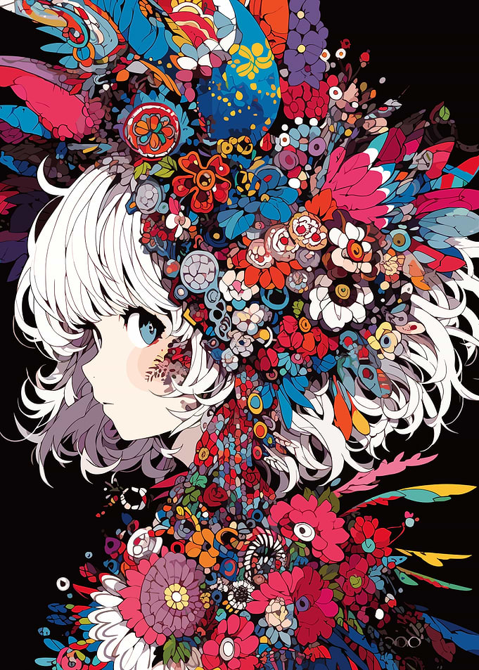Anime Girl Adorned with Vibrant Flowers