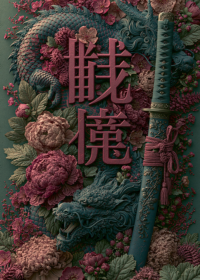 Dragon and Katana Floral Art