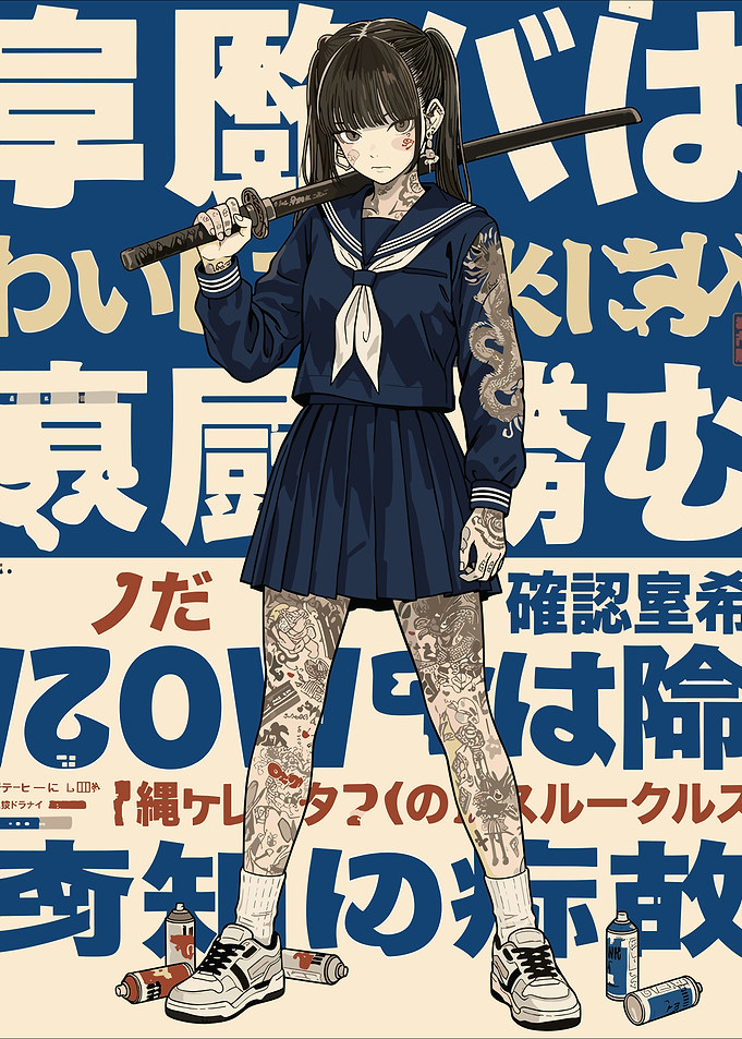 Tattooed Schoolgirl with Katana Poster