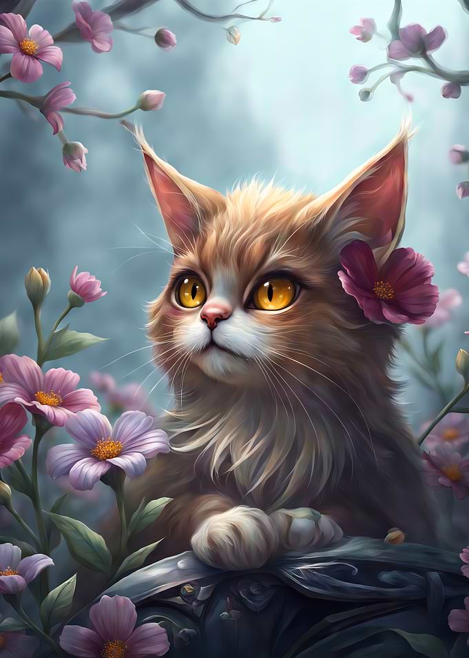 Cute Fluffy Cat Among Flowers