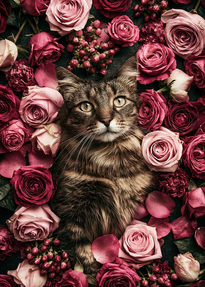 Tabby Cat Surrounded by Pink Roses
