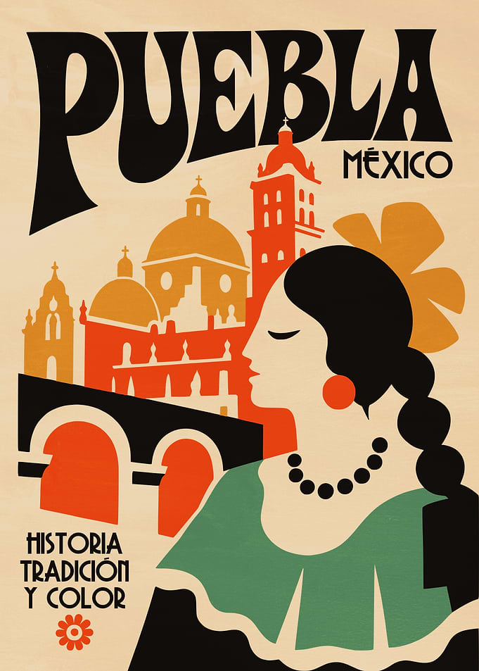 Puebla Mexico Vintage Travel Poster
