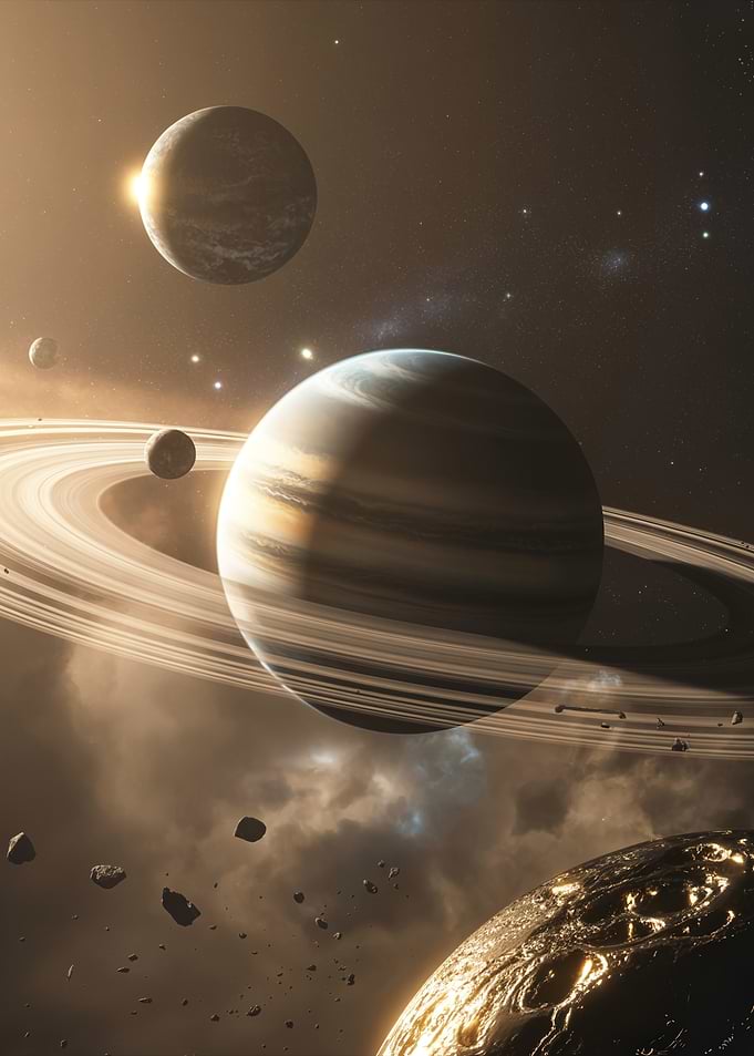 Epic Ringed Gas Giant in a Vast Interstellar Planetary System