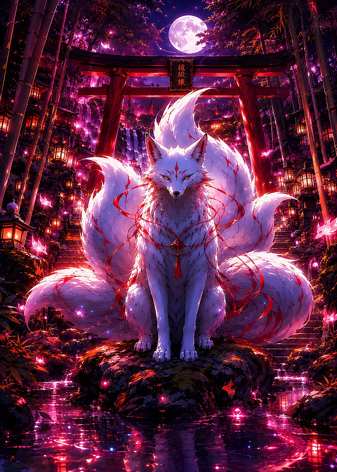 Nine-Tailed Kitsune in Bamboo Forest