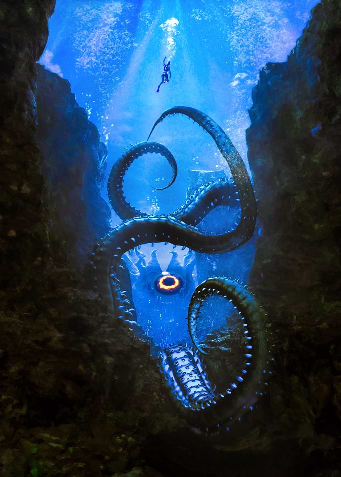 Diver Encountering Deep Sea Kraken