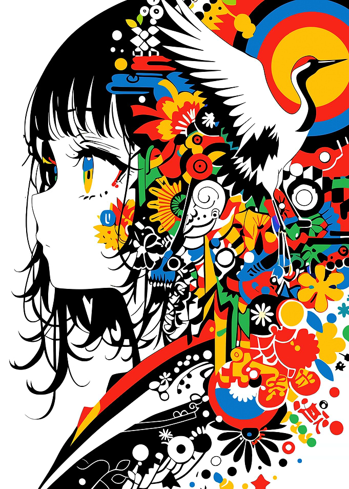 Vibrant Anime Girl with Crane Art