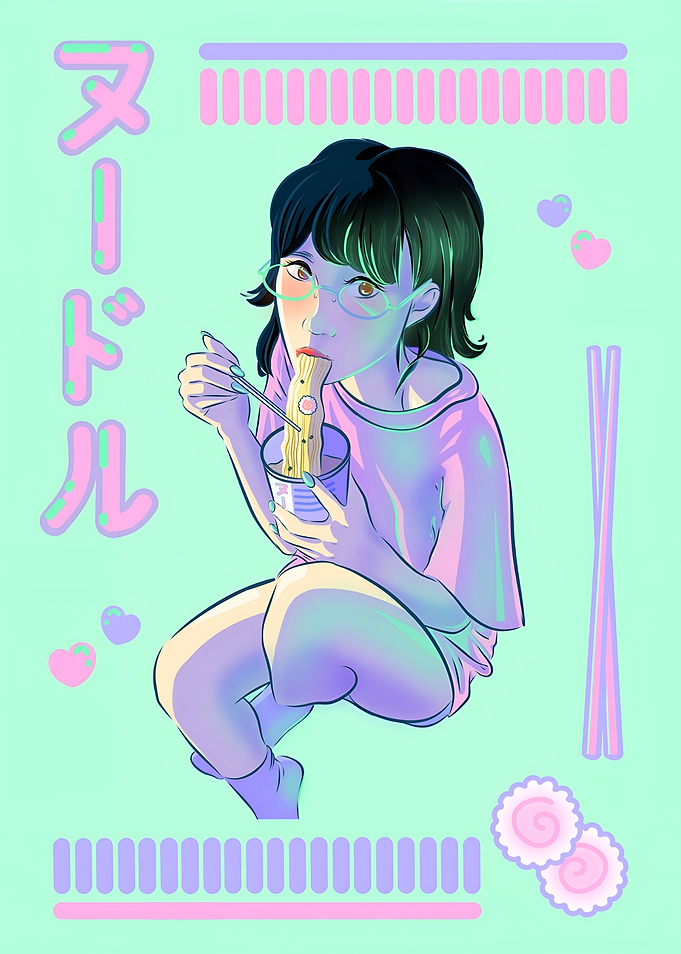 Anime Girl Eating Ramen Illustration