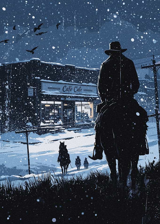Cowboy Riding Through Snowy Night