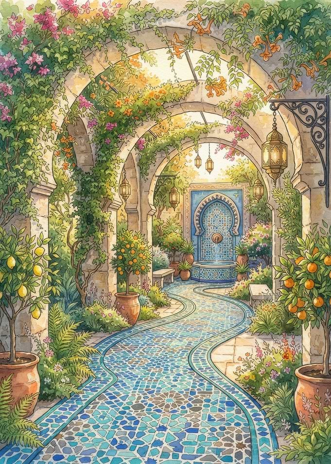 Mediterranean Garden with Mosaic Fountain