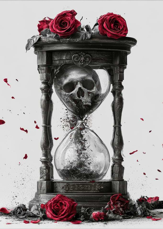 Skull Hourglass with Red Roses