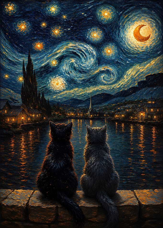 Two Cats Watching Starry Night