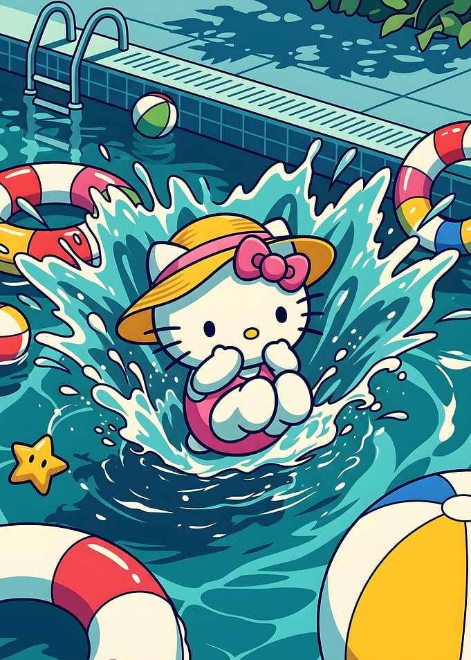 Hello Kitty Splashing in Pool