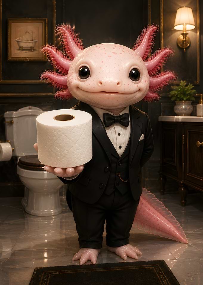Dapper Axolotl Offering Toilet Paper