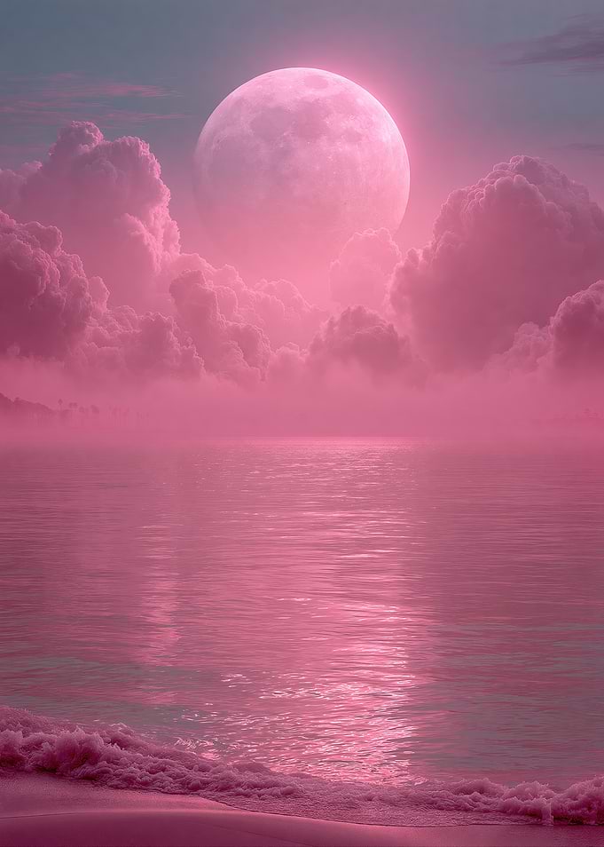 Pink Moon Over Calm Ocean