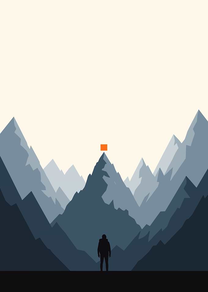 Minimalist Hiker Facing Mountain Peak
