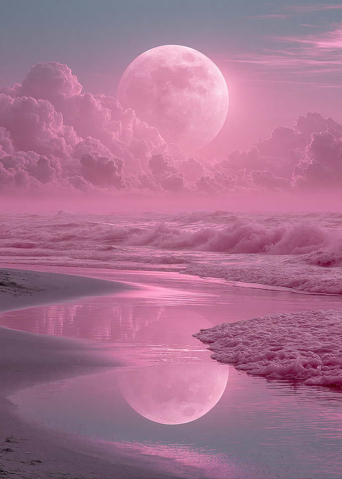 Surreal Pink Moon Over Ocean Beach