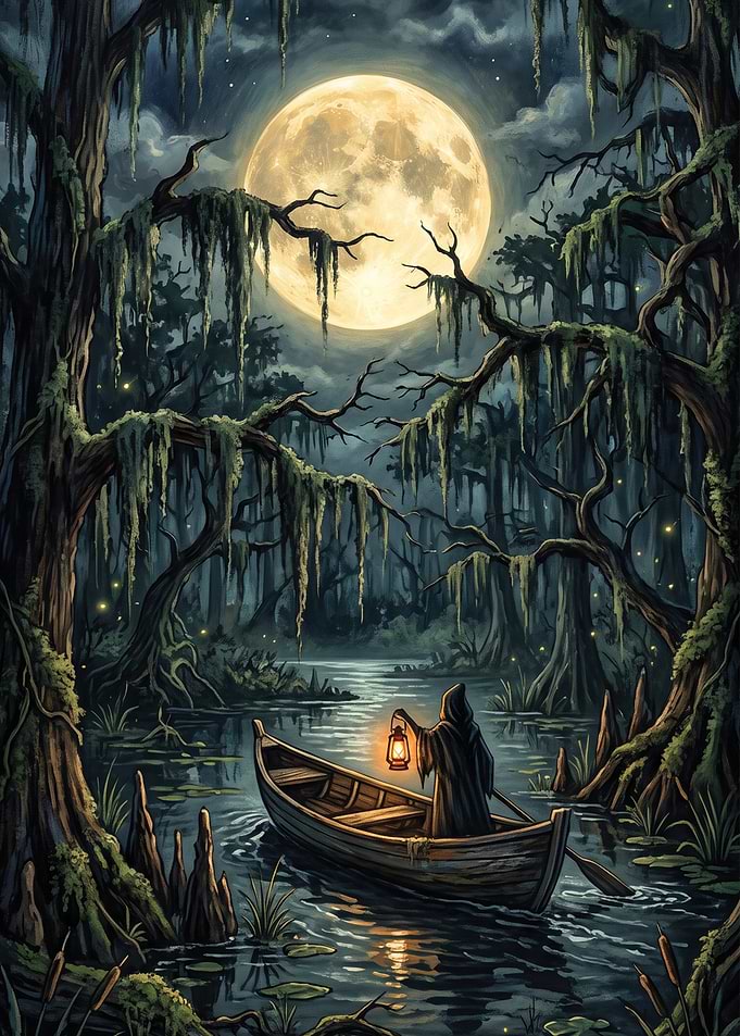 Grim Reaper Rowing Through Moonlit Swamp
