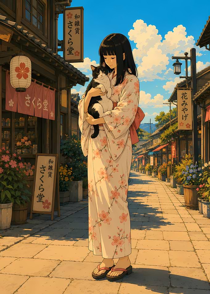 Girl in Kimono Holding a Cat