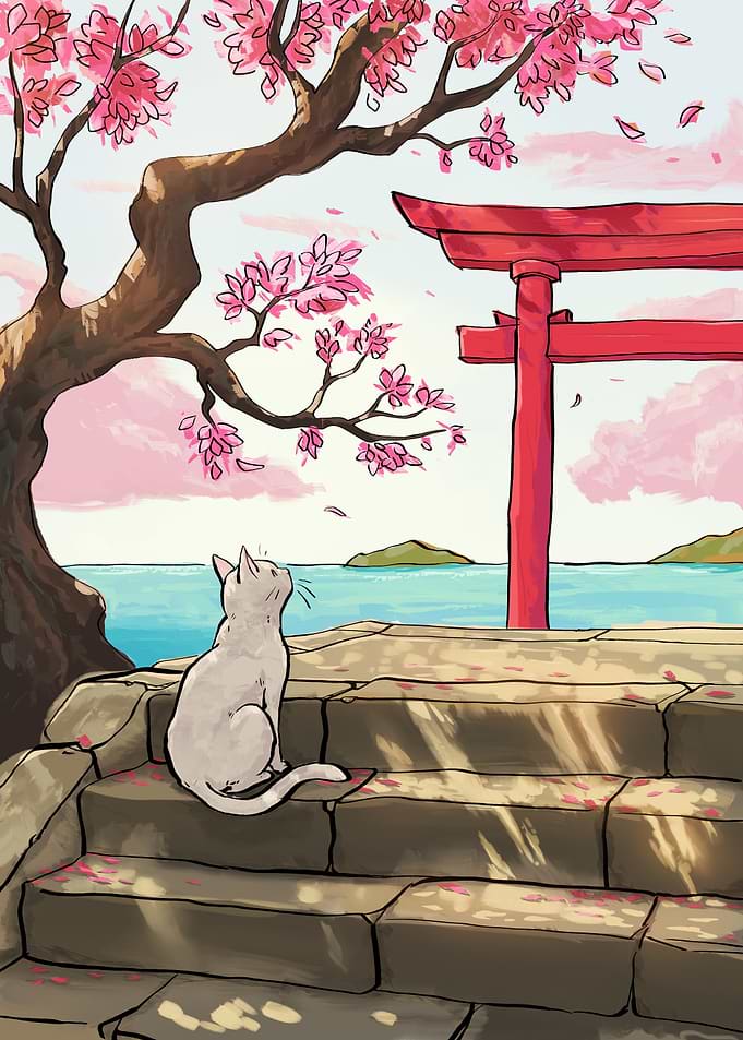 Cat Watching Cherry Blossoms by Torii Gate