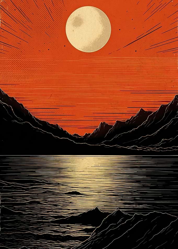 Minimalist Orange Moon Over Mountains