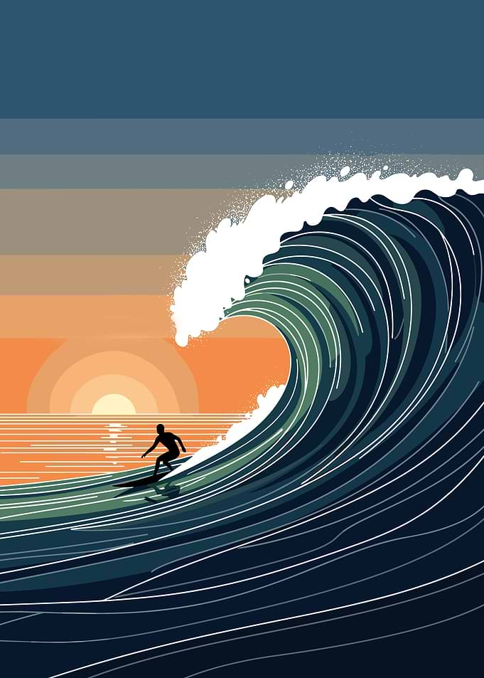 Surfer Riding a Sunset Wave