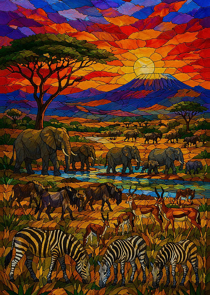 Stained Glass Style African Wildlife Scene