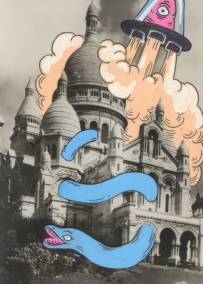 Surreal Collage of Sacré-Cœur and UFO