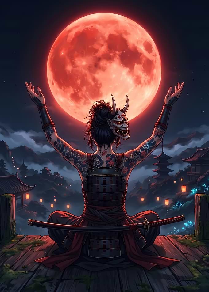 Samurai Oni Under Red Moon