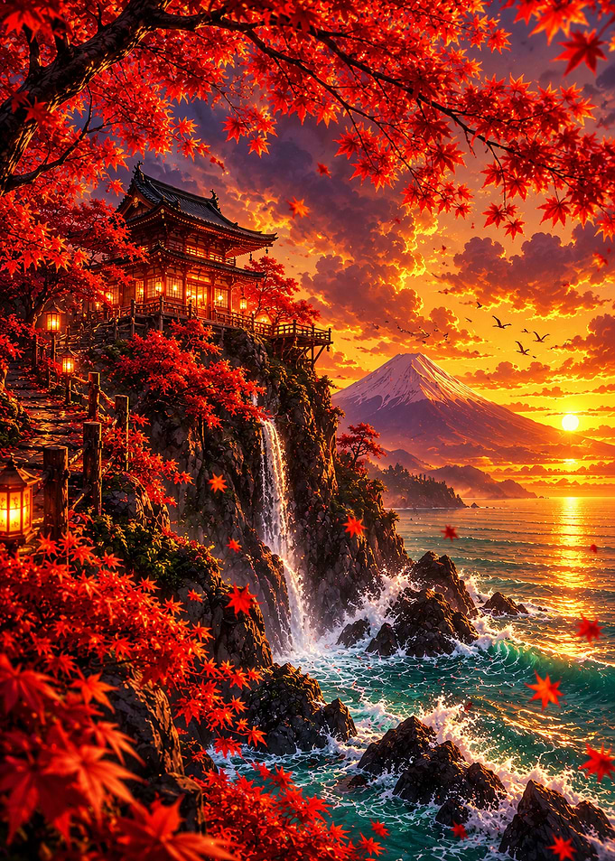 Japanese Temple at Sunset with Waterfall