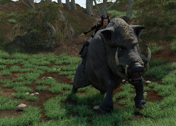 Fantasy Elf Warrior Riding Giant Boar In Enchanted Forest