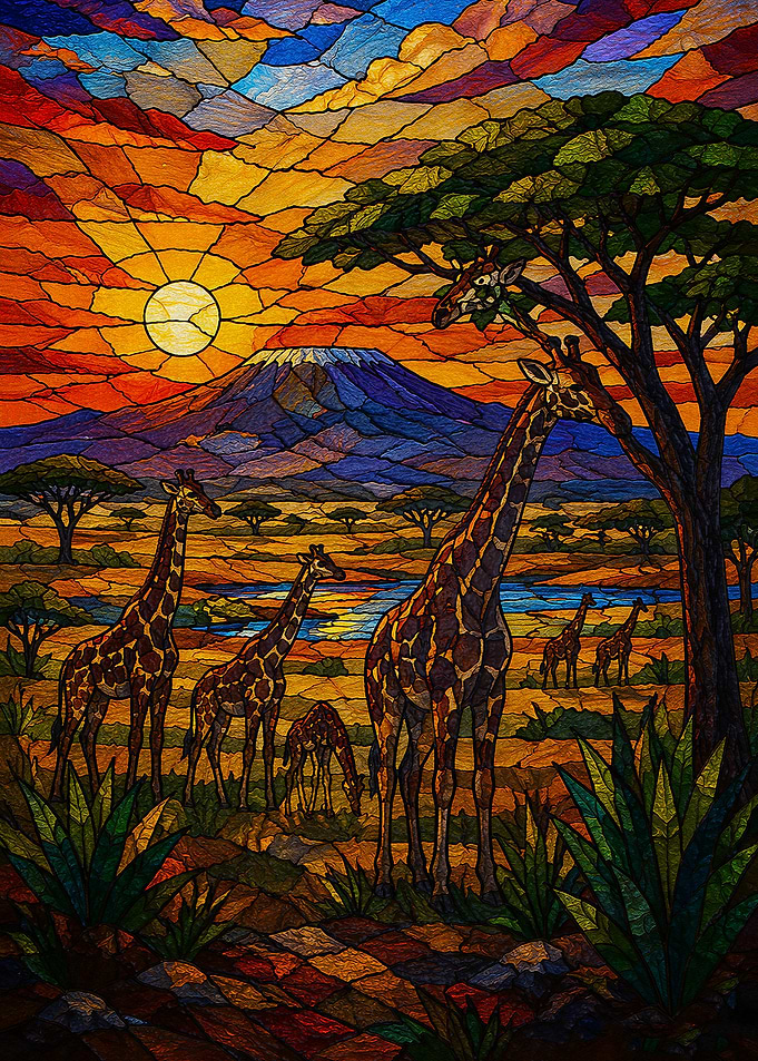 Stained Glass Giraffes at Sunset